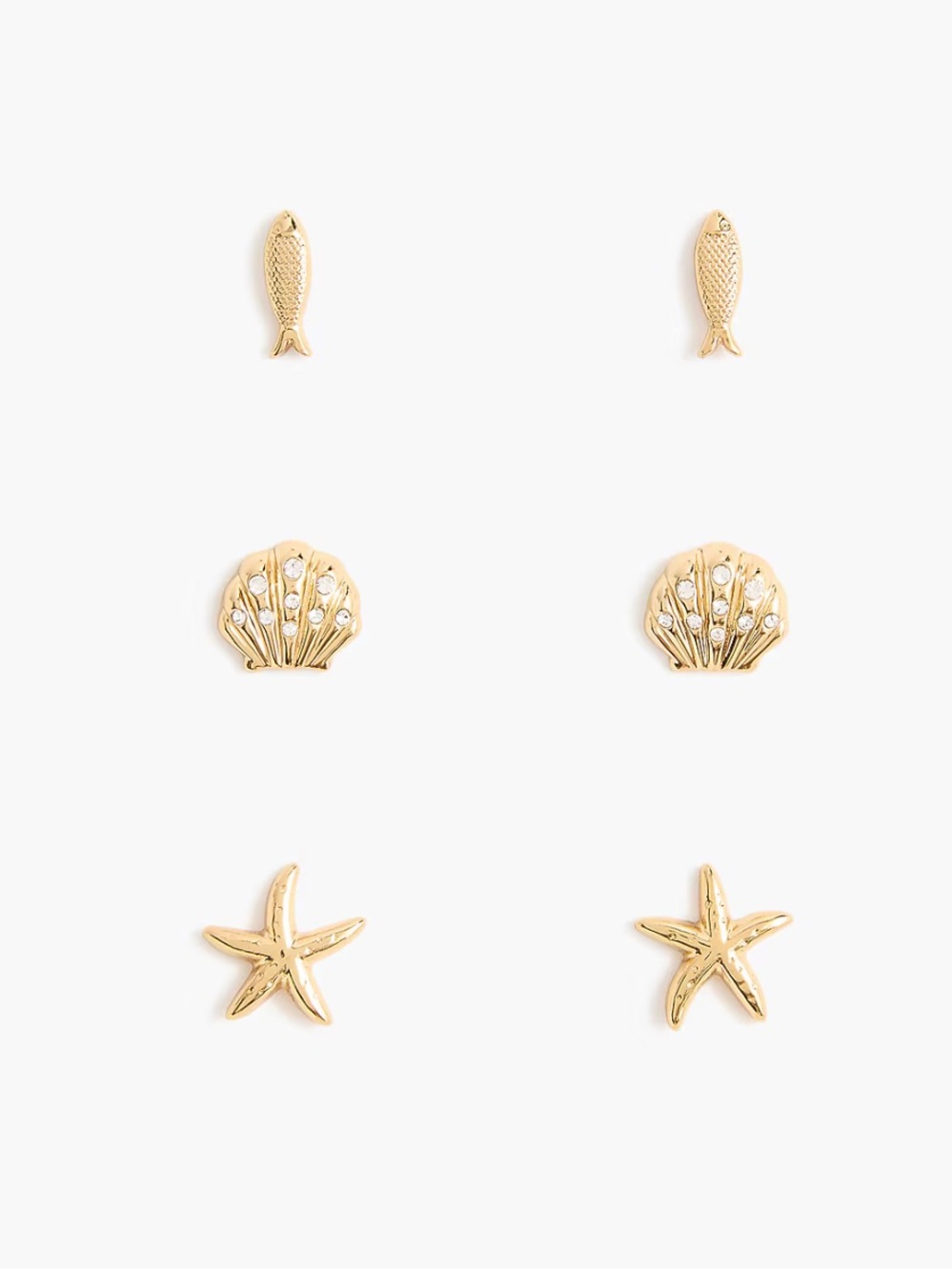 J. Crew- Gold Seashell, Starfish & Fish Stud Earring Set